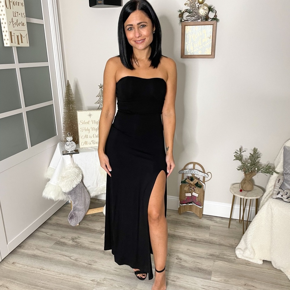 Wedding Guest Black Strapless High Slit Maxi Dress